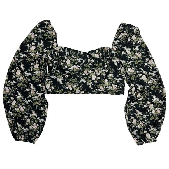 OAK + FORT Ditzy Floral Long Puff Sleeve Sweetheart Neck Smocked Crop Top Large - Picture 3 of 12